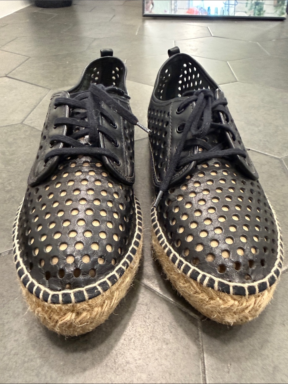 Loeffler Randall Black Perforated Lace-Up Espadrille Flats